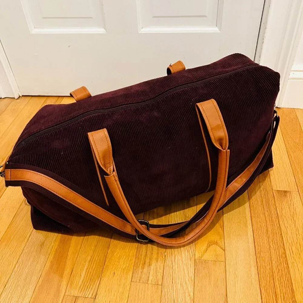 Vintage 80's 90's Corduroy and Leather Large Duffle Bag